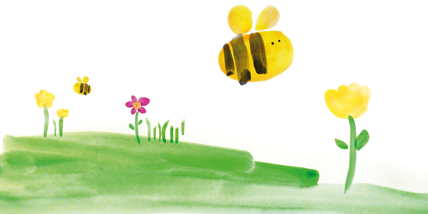 Die dicke Biene schwebt über einer grünen Wiese, Illustriert mit Wasserfarben